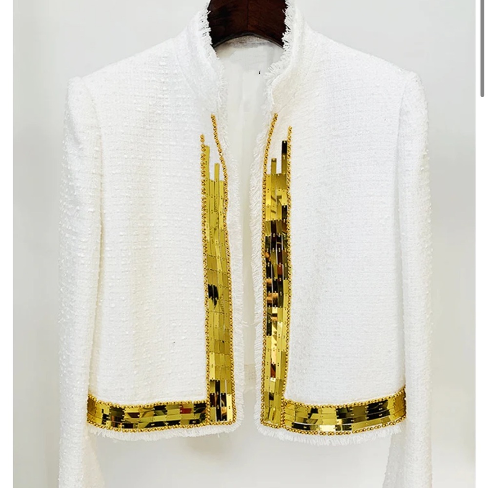 French Design Tweed Jacket with Ruffles and Sequins - white